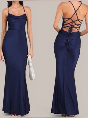 NWT Lulus Cute Definition Navy Slinky Knit Cowl Neck Maxi Dress
